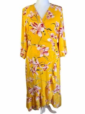 New York & Company Yellow Floral Wrap Dress Size XL